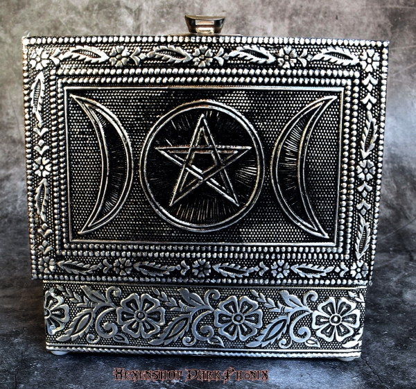 Hexenshop Dark Phönix Metallkästchen männliches Pentagramm mit Triple Moon